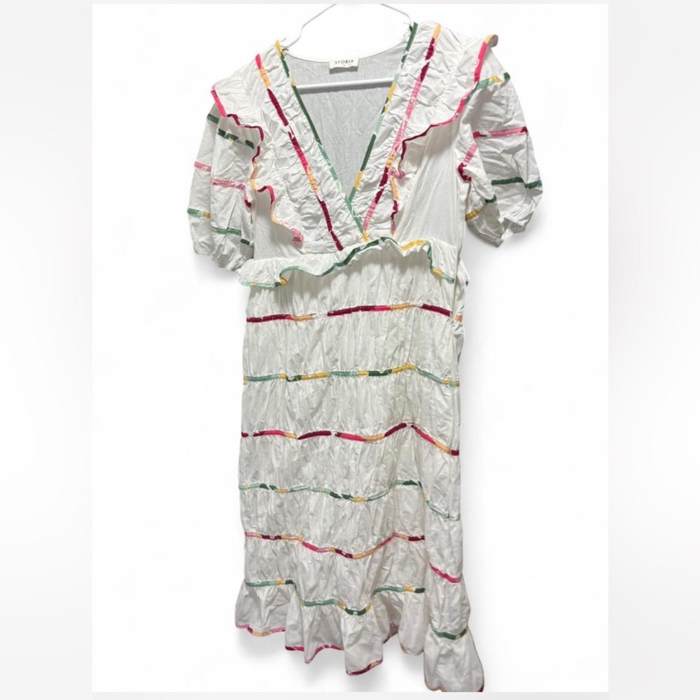 Storia White Dress with Pink, Green and Yellow Trim
